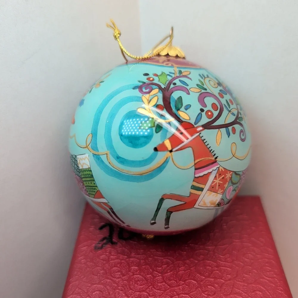 Pier 1 Li Bien 2011 Santa Sleigh Reindeer Hand Painted Glass Christmas Ornament